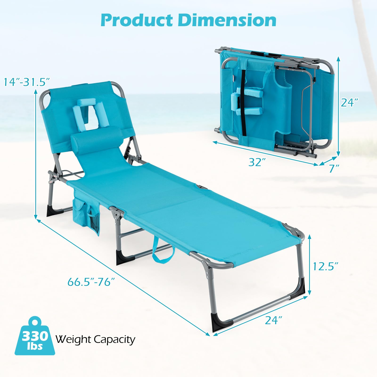 Goplus tanning chair with varied backrest positions for customized lounging.