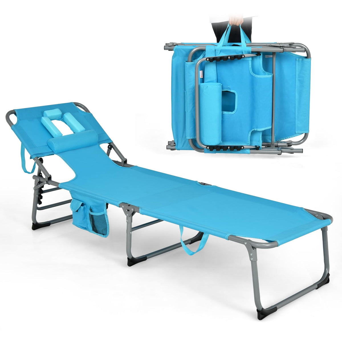 Goplus tanning chair with face hole enables comfortable face-down sunbathing.