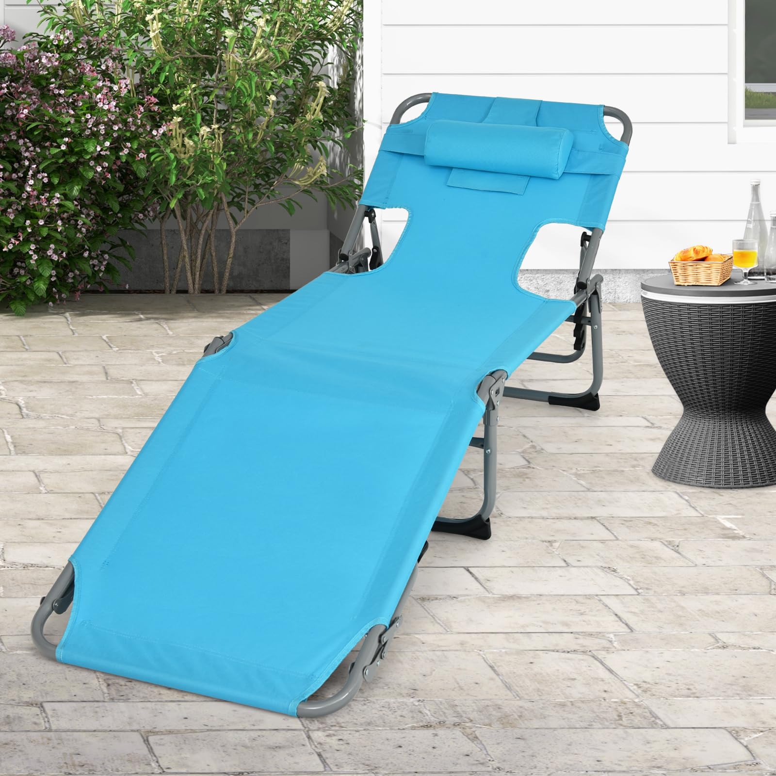 Goplus tanning chair requires no assembly for quick outdoor setup.