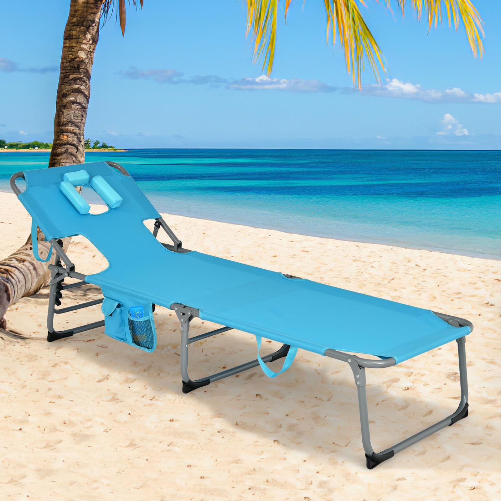 Goplus tanning chair removable pillow provides neck support in any position.