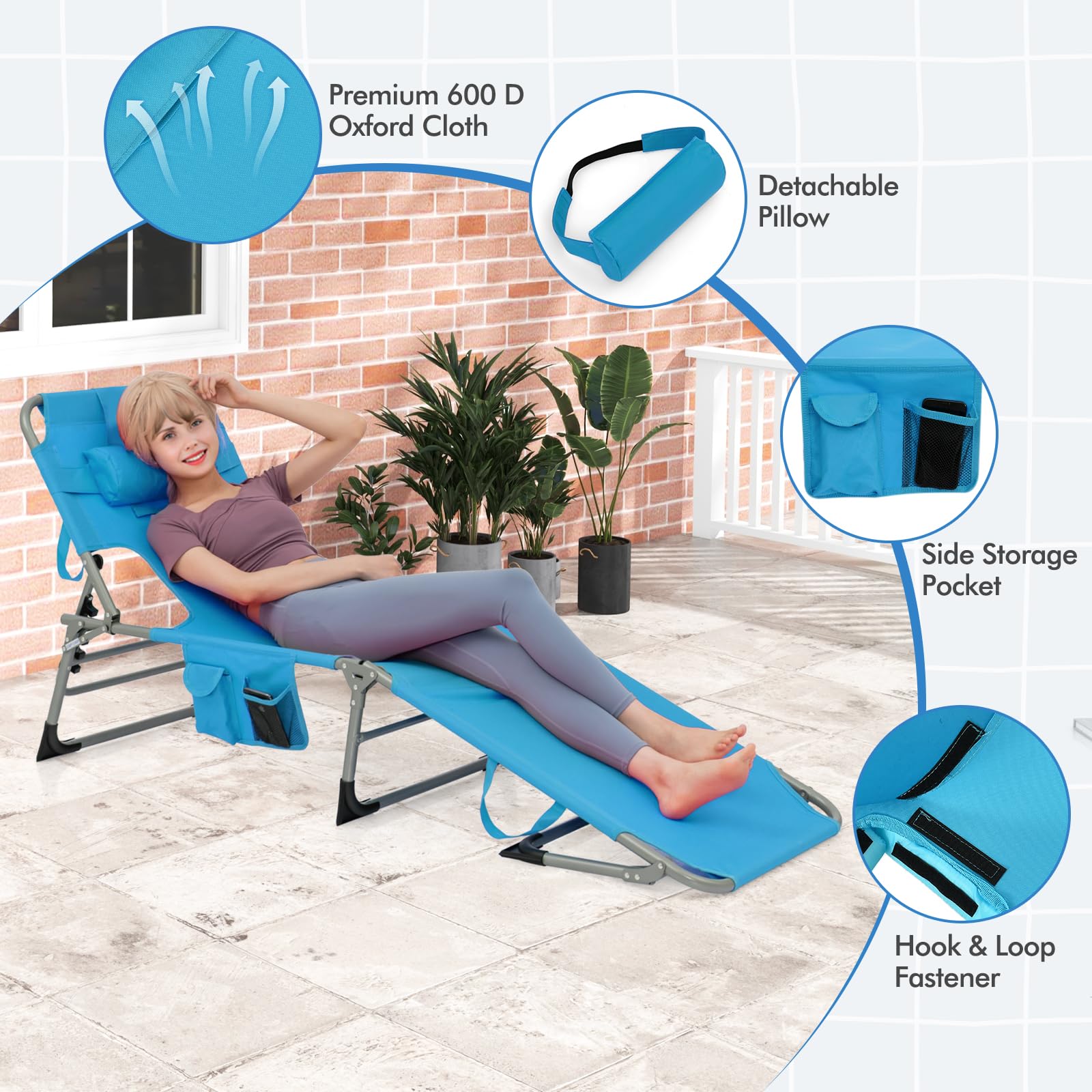 Goplus tanning chair uses steel and aluminium for durable construction.