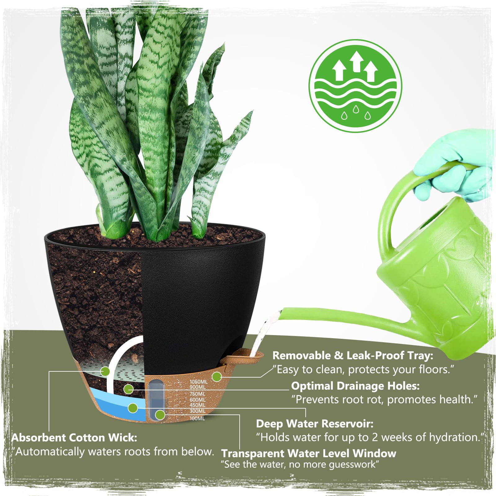 Goproauto 10-inch pot with deep reservoir ideal for mid-size plants.