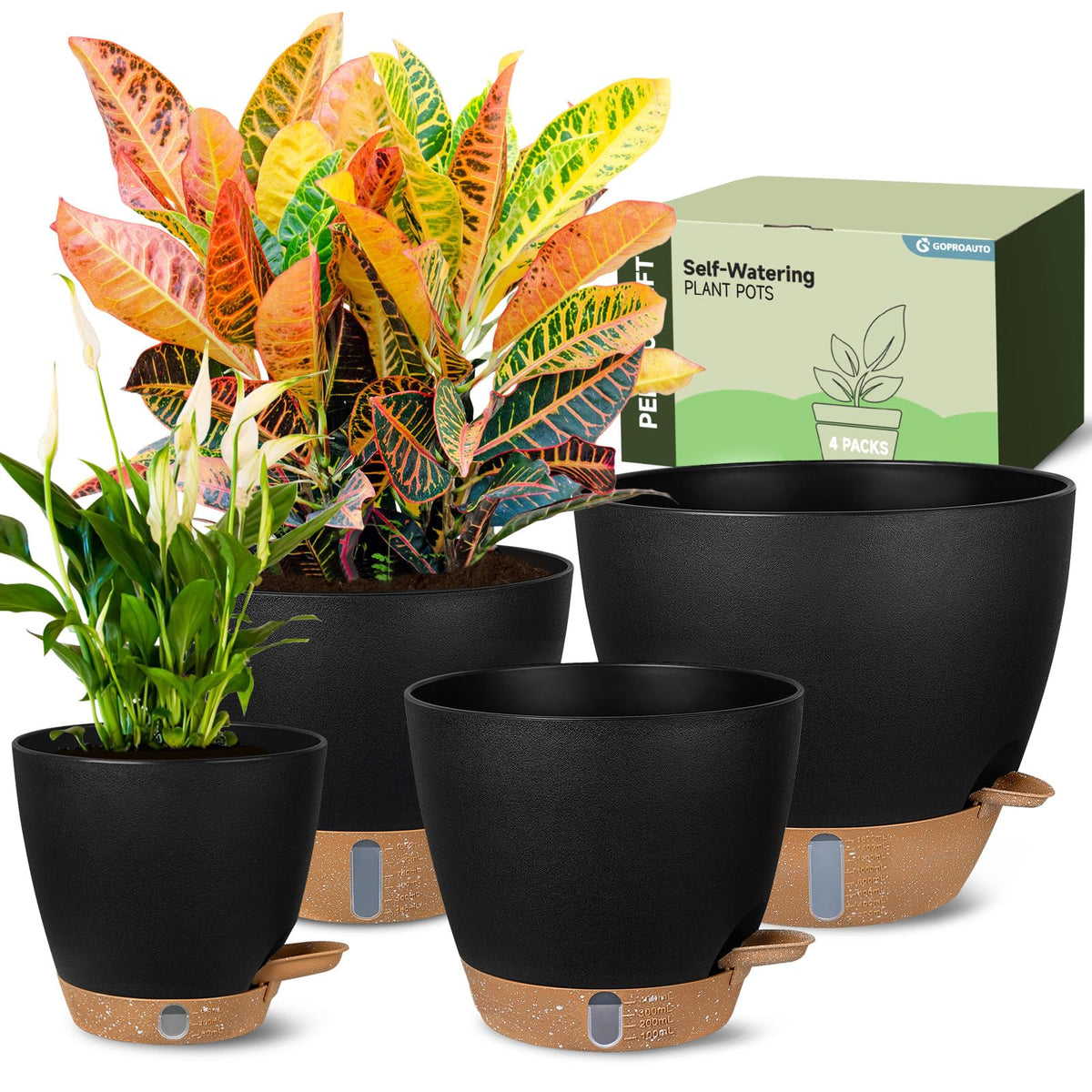 Goproauto 6-inch self-watering pot with visible water reservoir for effortless plant care.