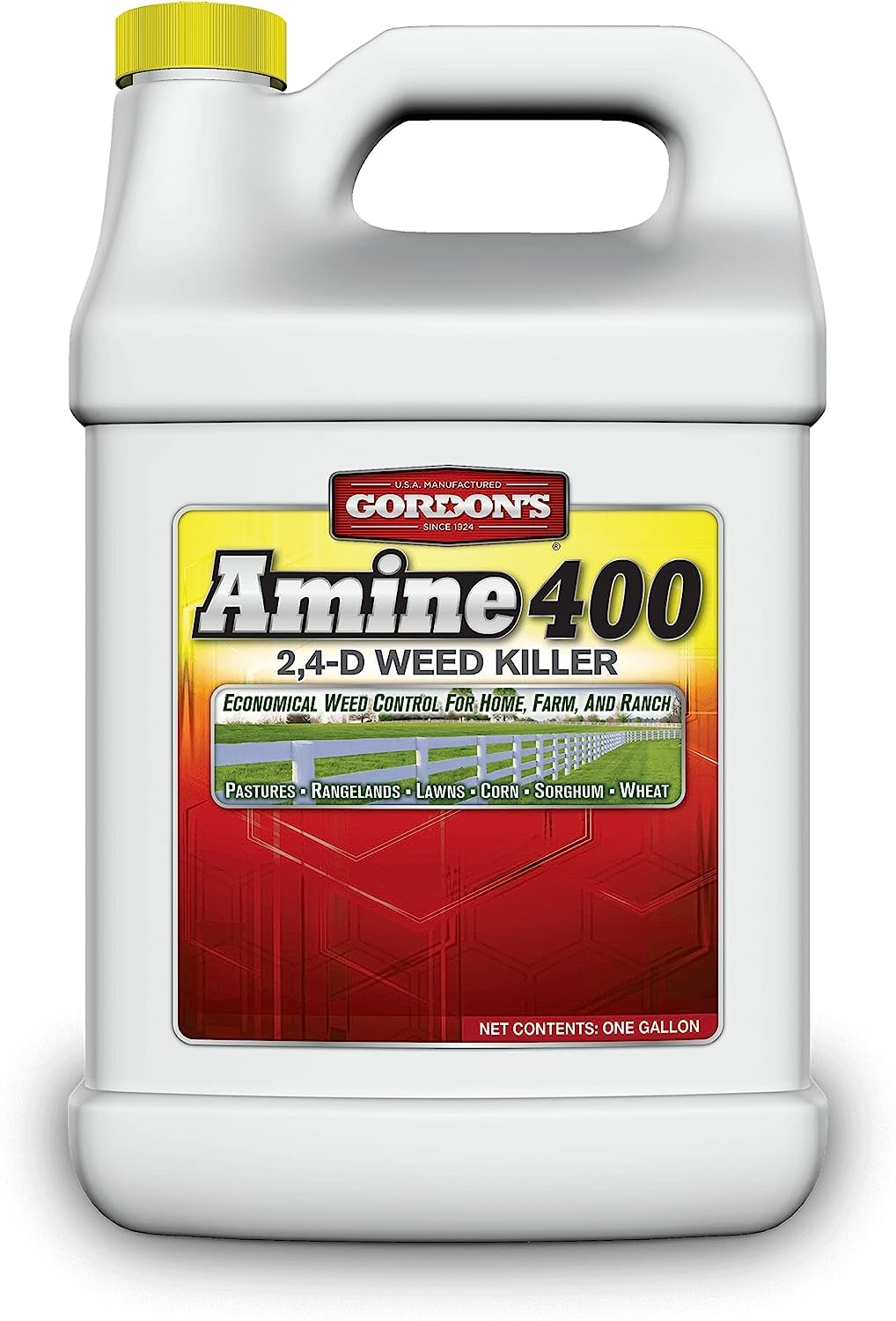 GORDON'S Amine 400 2,4-D weed killer bottle for field weed control in corn and small grains.