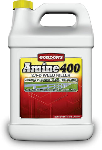 GORDON'S Amine 400 2,4-D weed killer bottle for field weed control in corn and small grains.