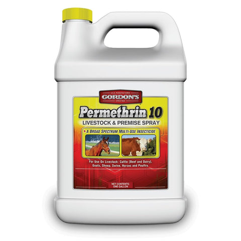GORDON'S permethrin-10 premise spray bottle for effective livestock area insect control.