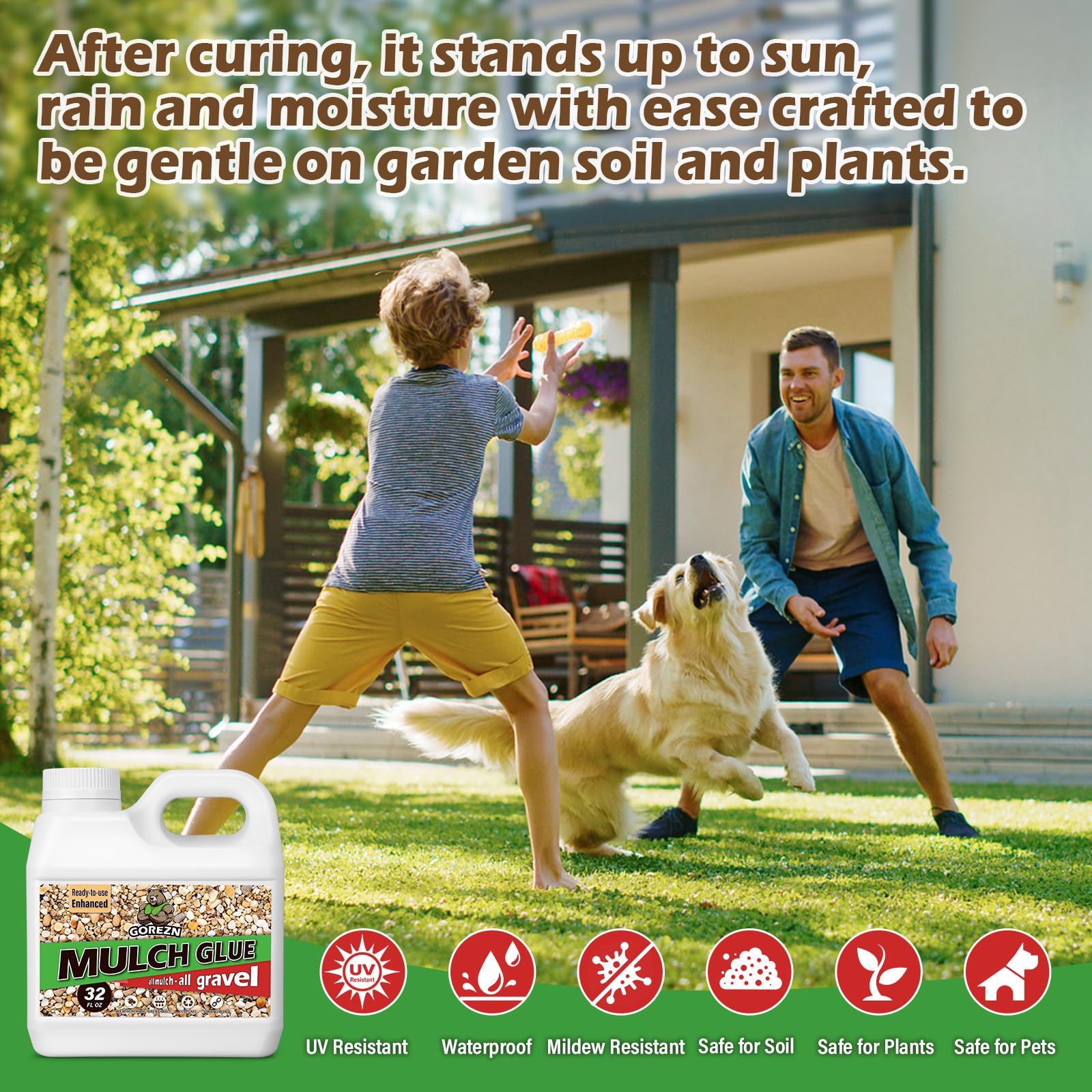 GoRezn mulch glue bonds pea gravel for durable ground cover
