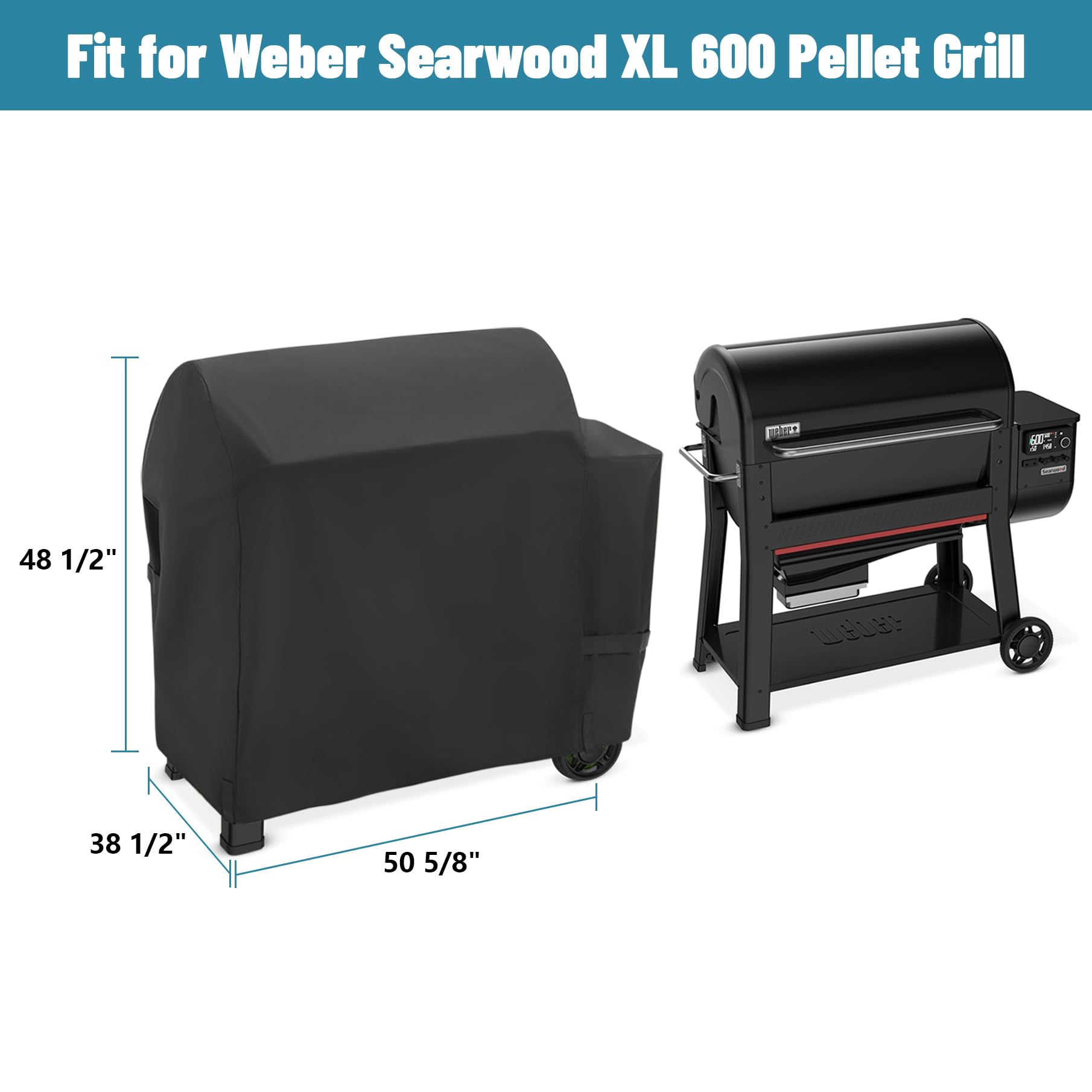 GORGERILA Weber Searwood XL 600 cover side view with secure windproof fit.