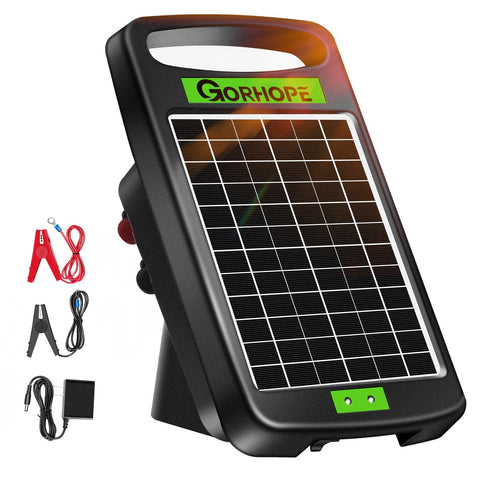 Gorhope 20mi solar fence charger side view, portable energizer for quick fence setup.