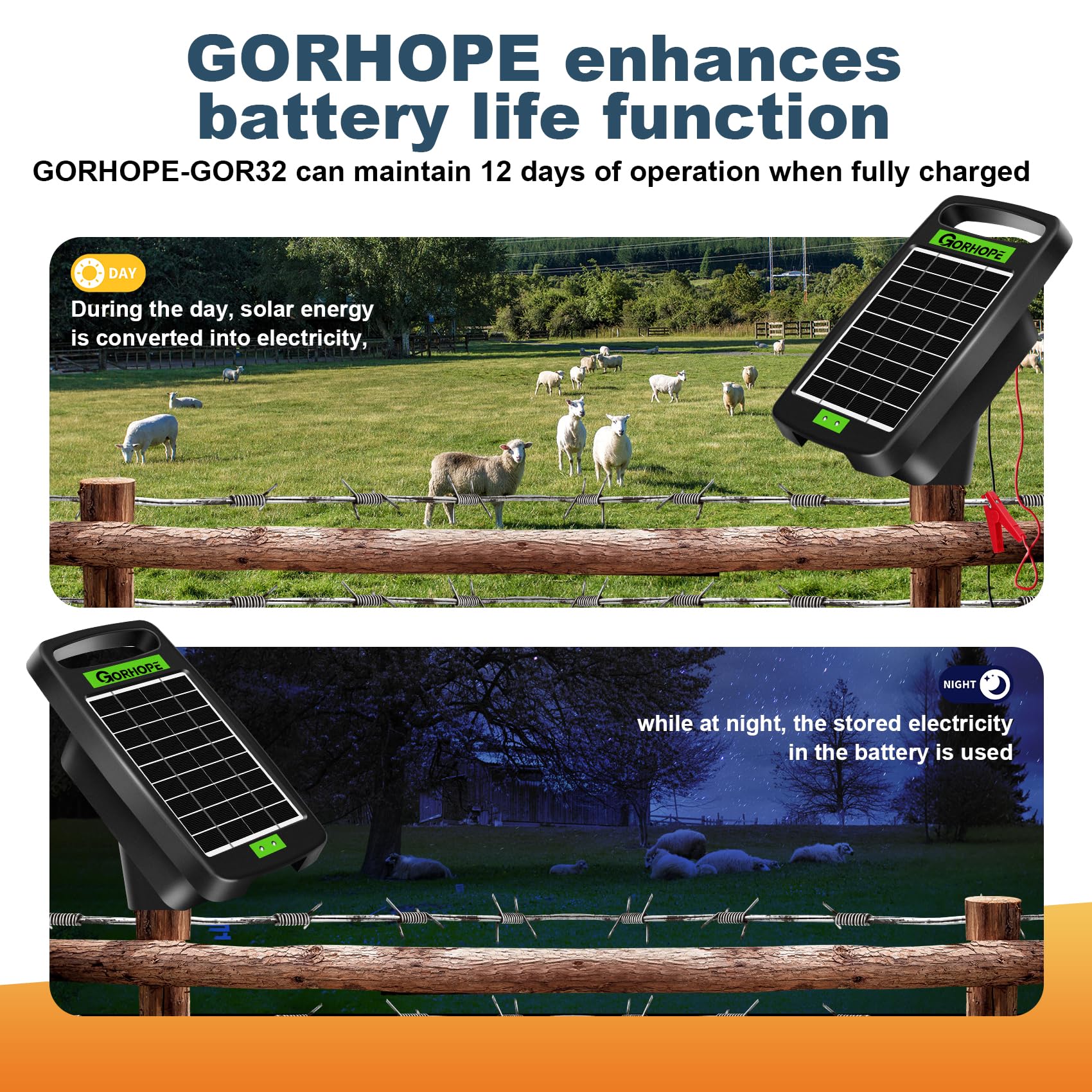 Gorhope fence charger at night operation, reliable power after sunset.