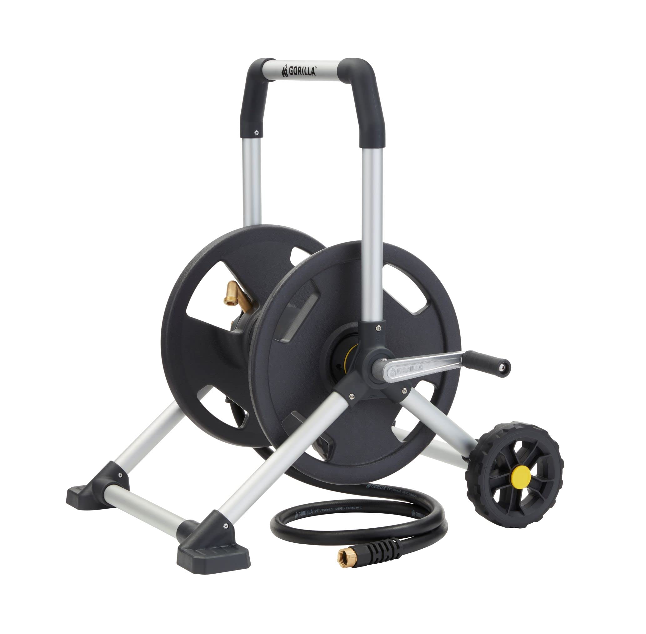 Gorilla Carts 200 ft hose reel with rust-proof aluminum frame.