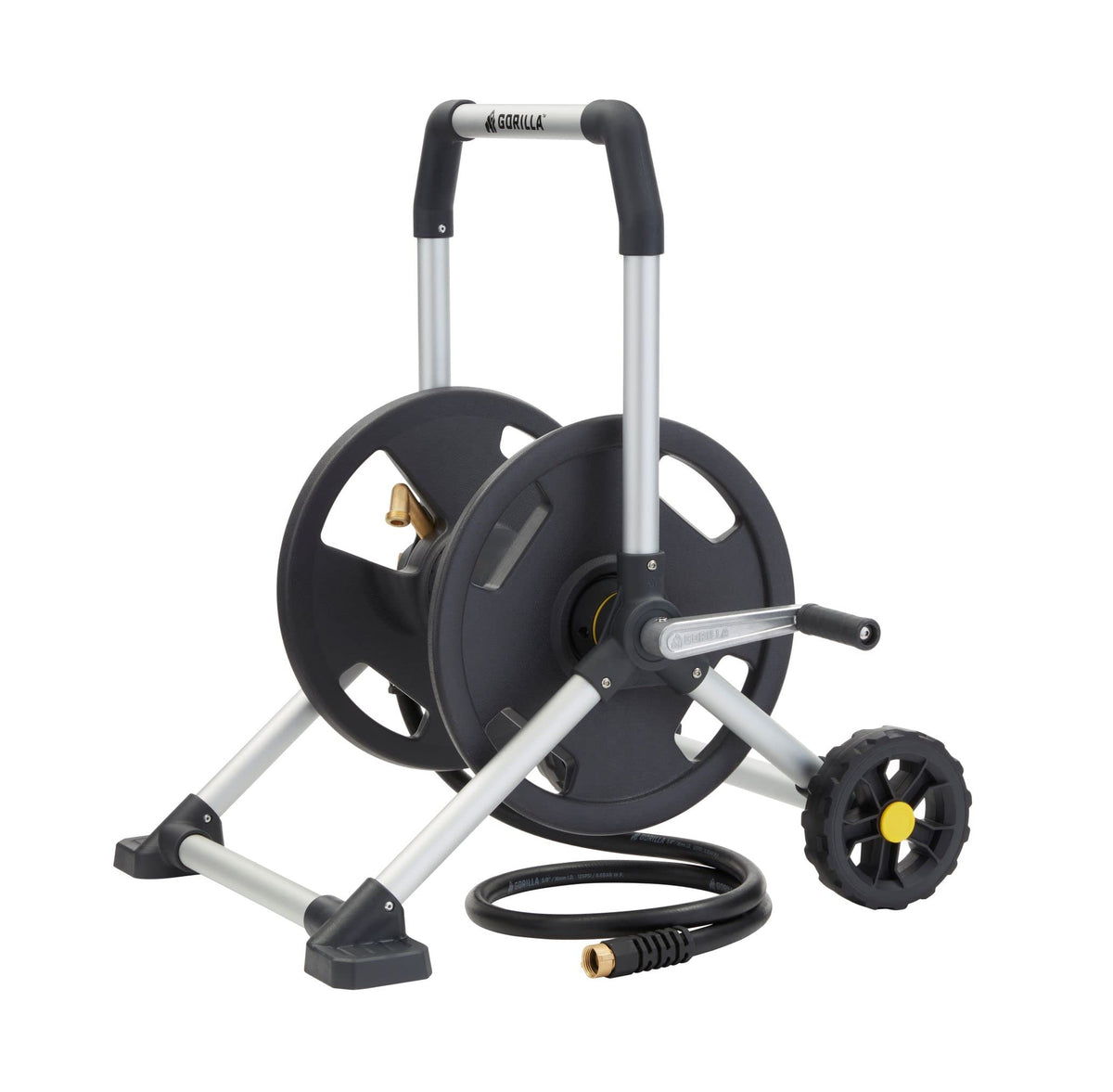 Gorilla Carts 200 ft hose reel with rust-proof aluminum frame.