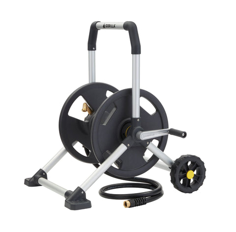 Gorilla Carts 200 ft hose reel with rust-proof aluminum frame.