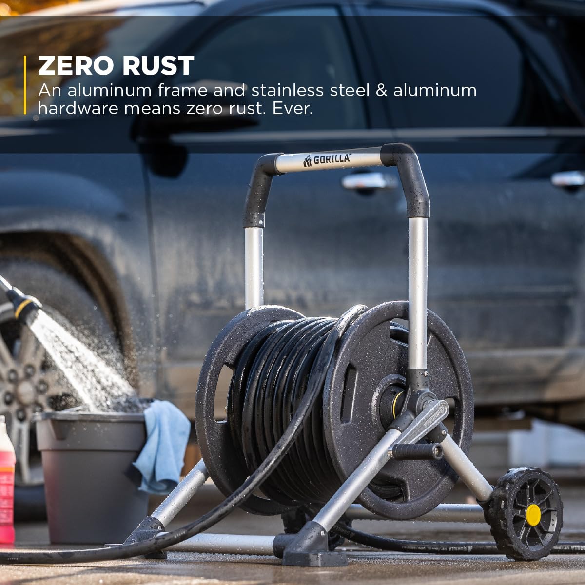 Gorilla Carts 7-in over-molded wheels enable smooth movement.