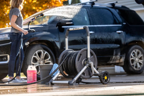 Gorilla Carts easy loading and unloading of hose.