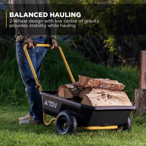 Gorilla Carts GCR-4 300 lb capacity supports heavy yard materials.