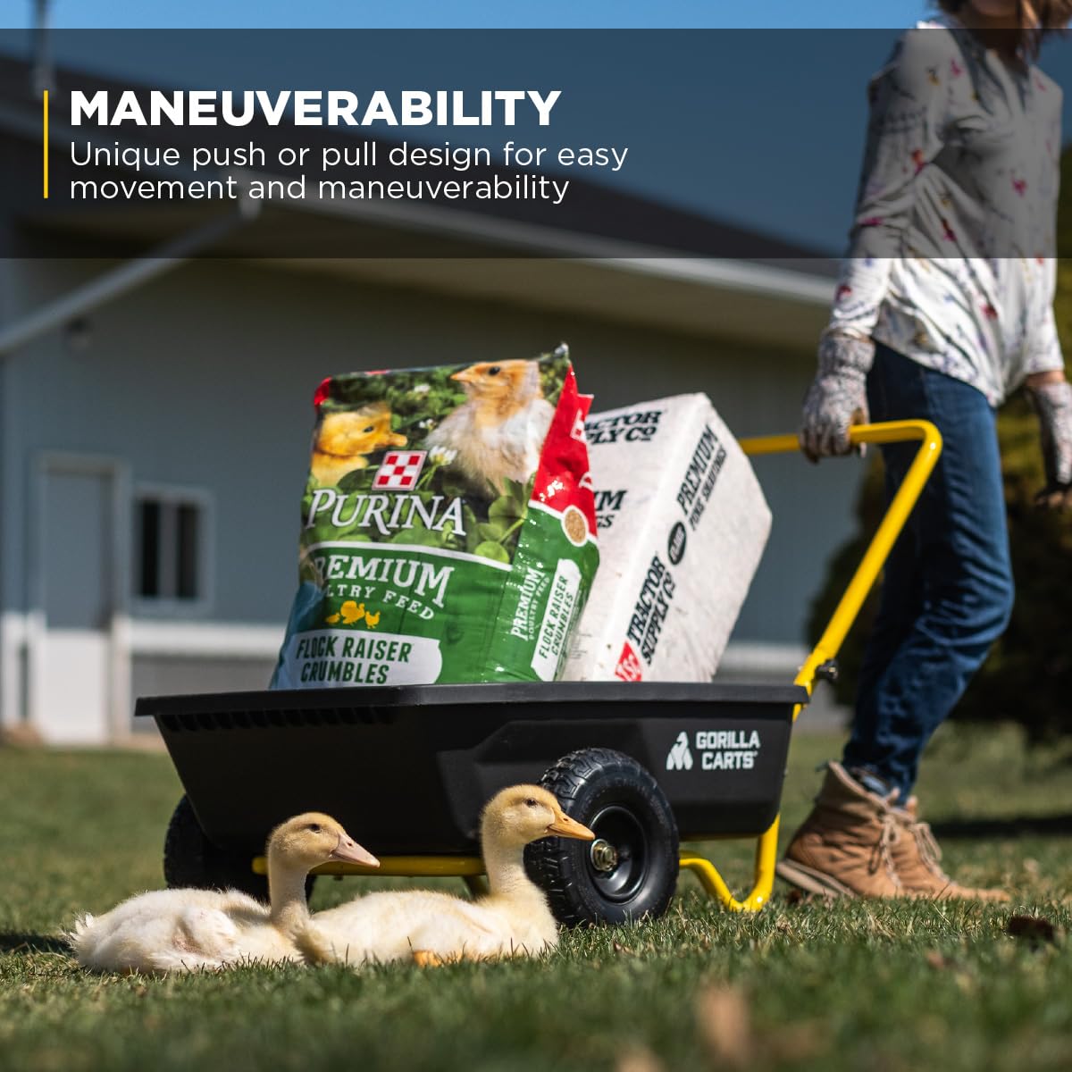 Gorilla Carts GCR-4 pneumatic tires absorb bumps on rough terrain.
