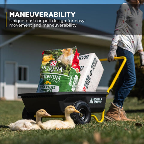 Gorilla Carts GCR-4 pneumatic tires absorb bumps on rough terrain.