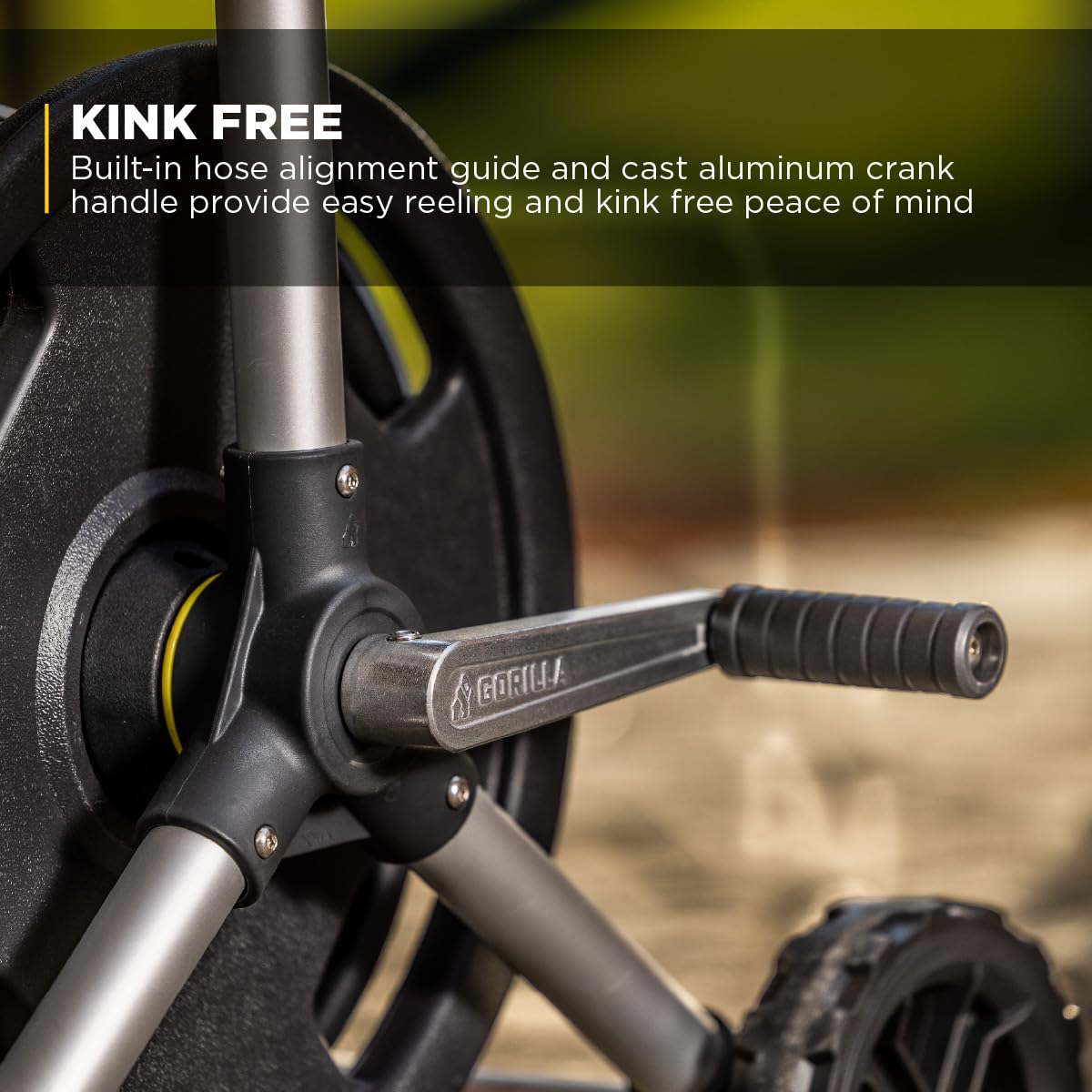 Gorilla Carts hose alignment guide helps kink-free winding.
