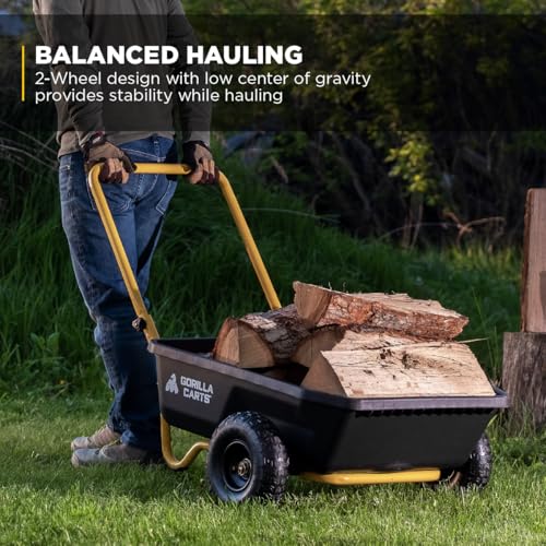 Gorilla Carts patented dumping system enables effortless unload during yard work.