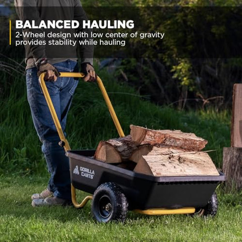 Gorilla Carts patented dumping system enables effortless unload during yard work.