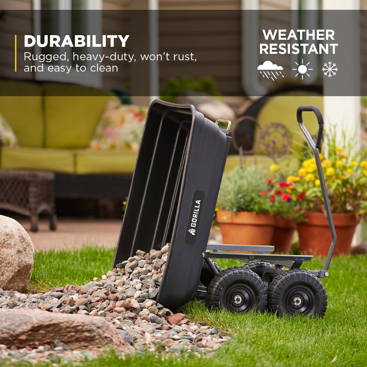 Gorilla Carts 600 lb capacity handles heavy loads with stability