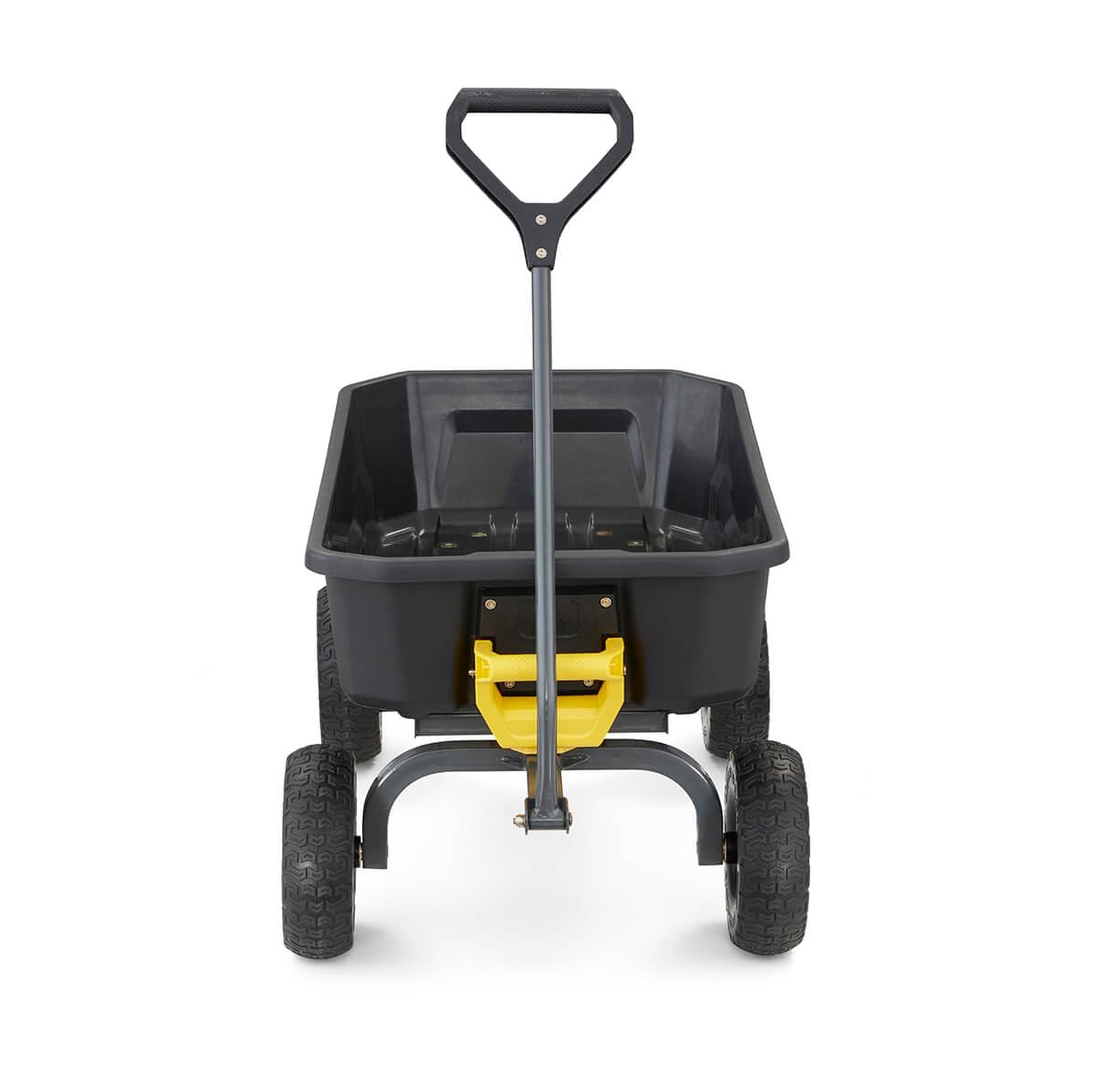 Gorilla Carts roll-over dump design tilts bed while keeping balance.