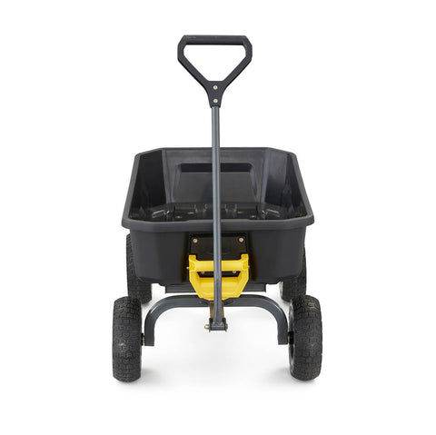 Gorilla Carts roll-over dump design tilts bed while keeping balance.