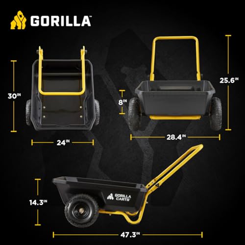 Gorilla Carts ten-inch no-flat tires tackle tough terrain without drop-offs.