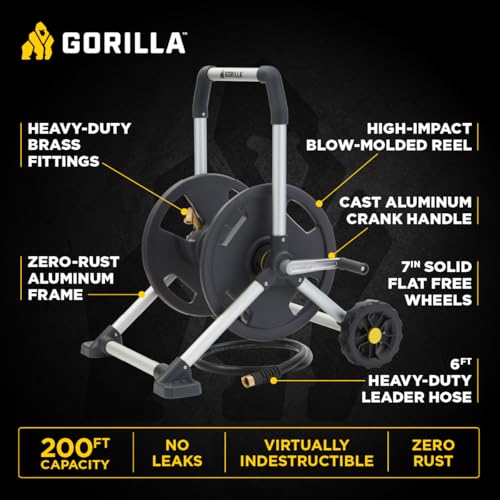 Gorilla Carts upright hose reel showing comfortable handle for maneuverability.