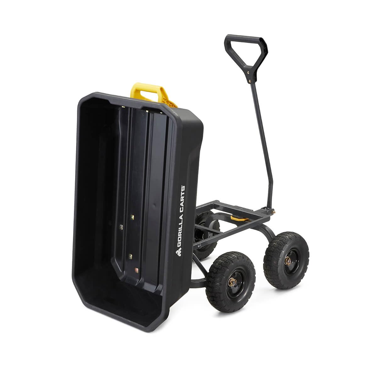 Gorilla Carts wide steel frame boosts balance and maneuverability.