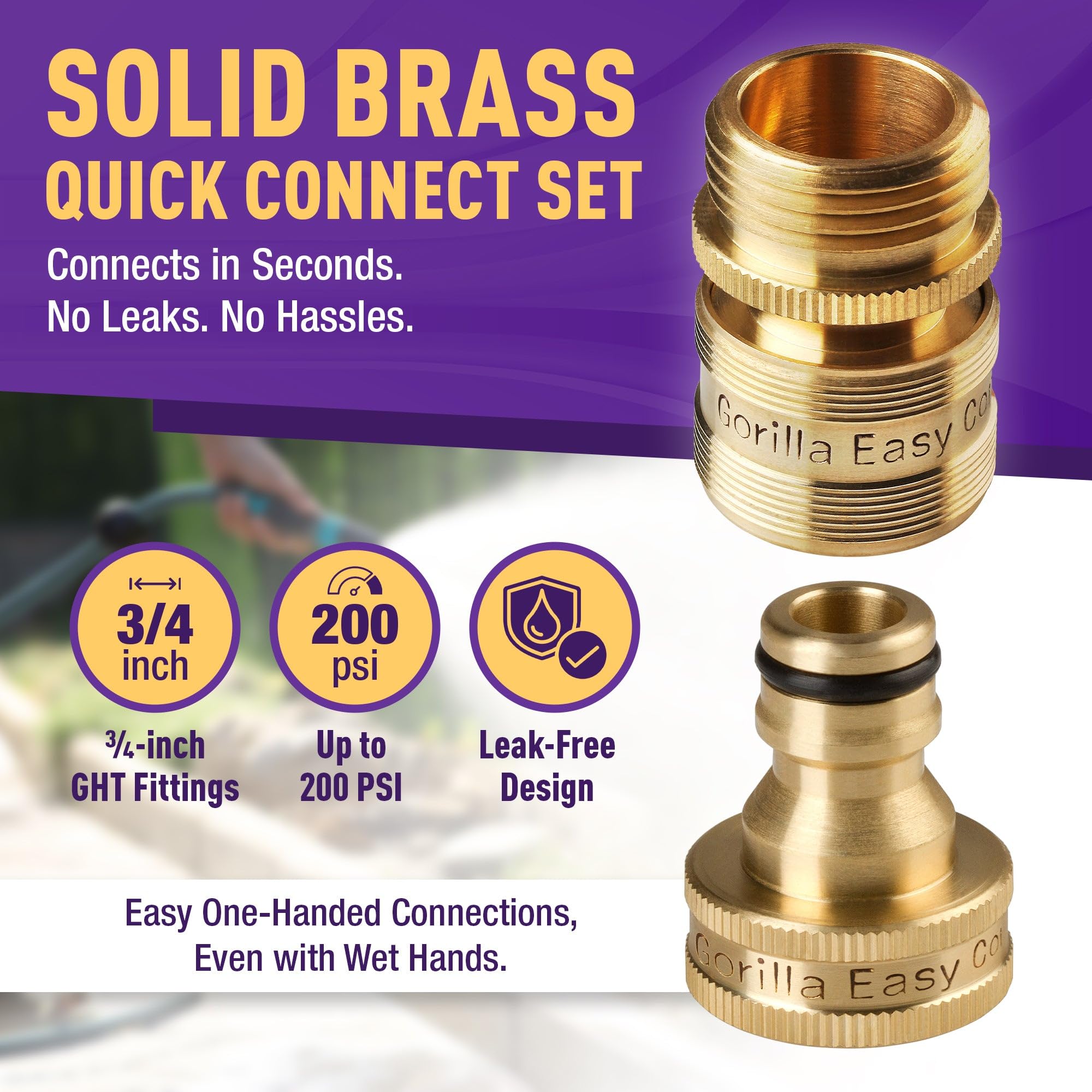 Gorilla Easy Connect 3-4 inch brass fittings ensuring sturdy hose compatibility.