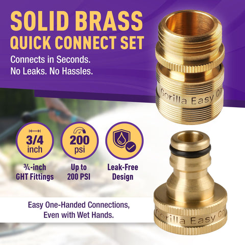 Gorilla Easy Connect 3-4 inch brass fittings ensuring sturdy hose compatibility.