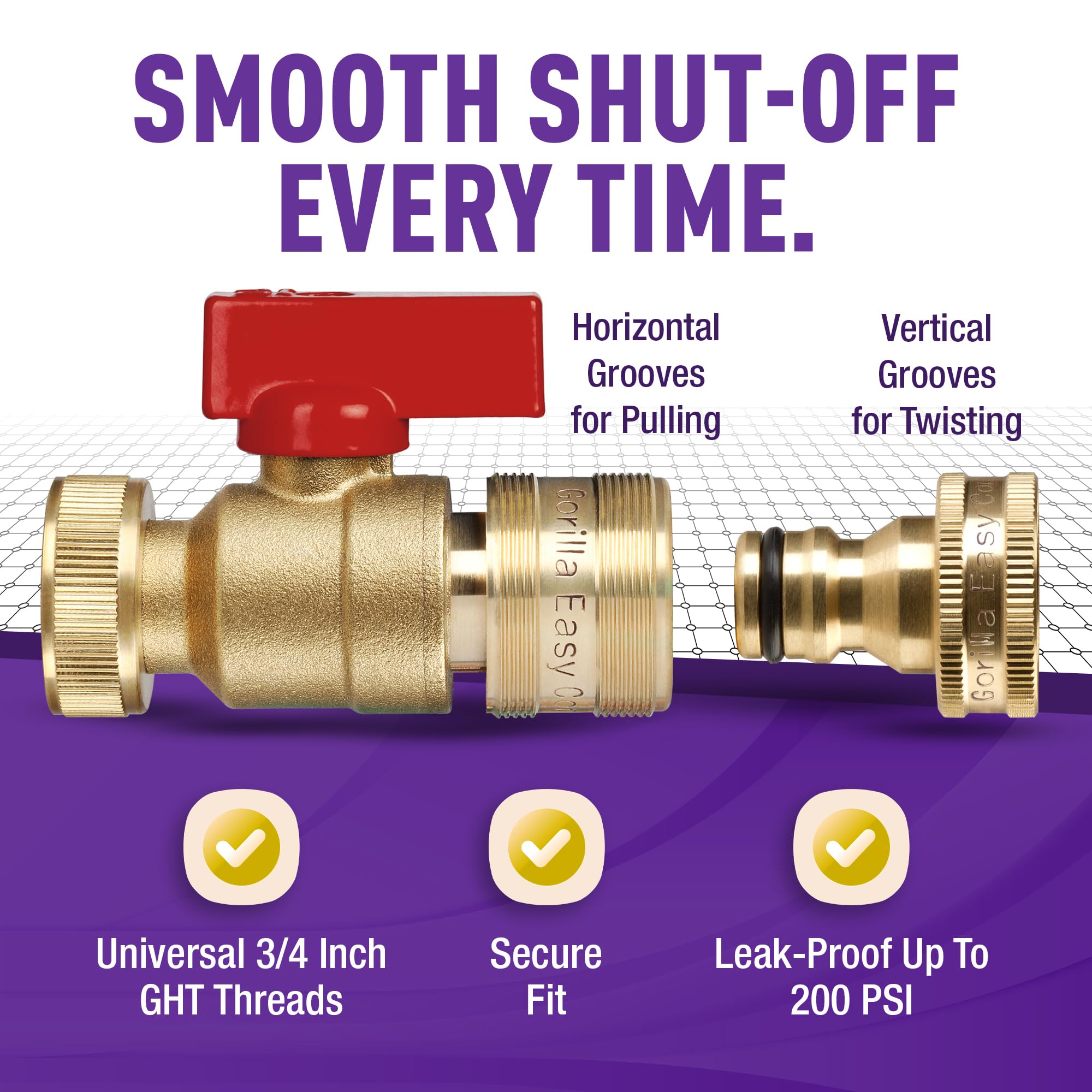 Gorilla Easy Connect 3-4 inch GHT threading highlights universal hose compatibility.
