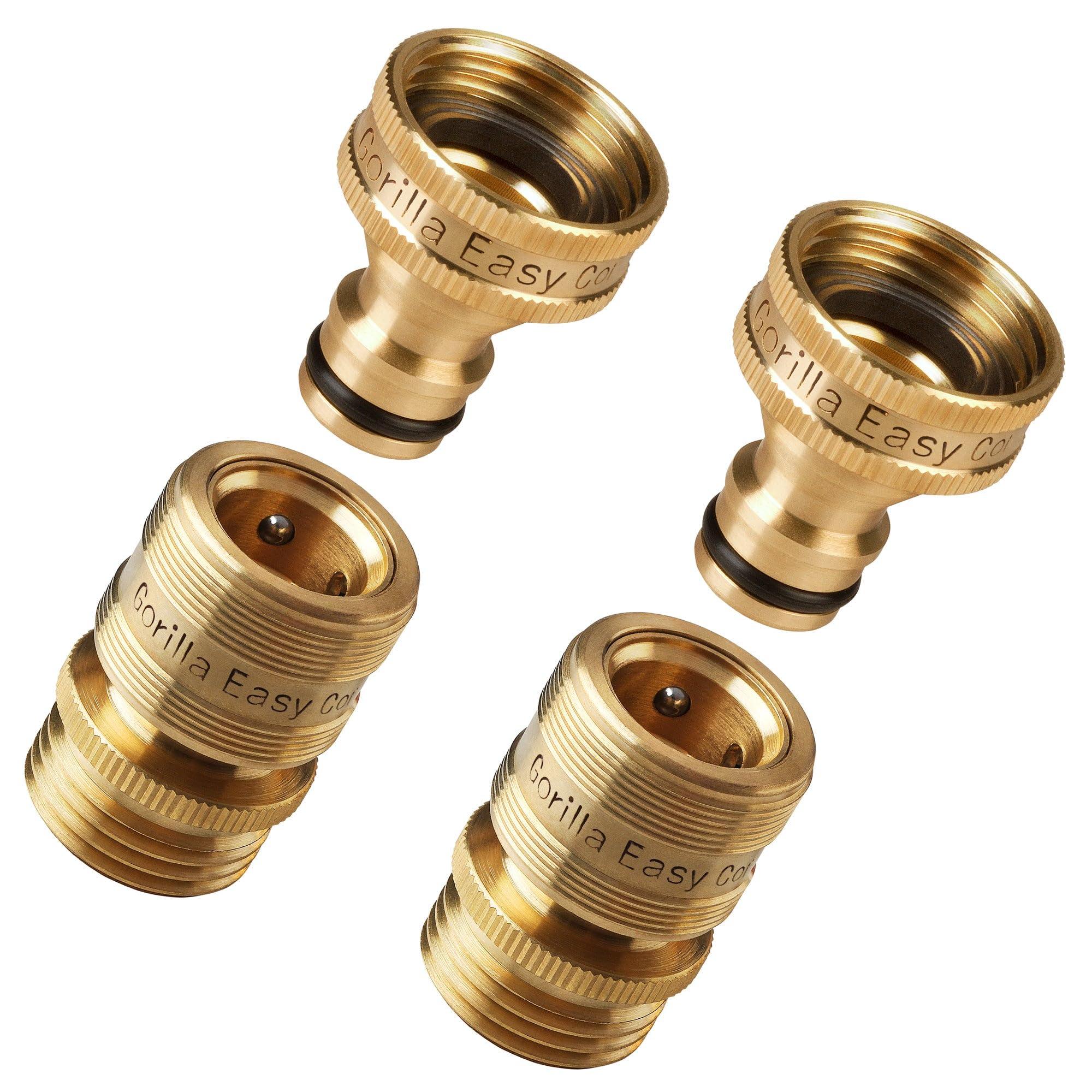Gorilla Easy Connect brass fittings for quick garden hose connections.