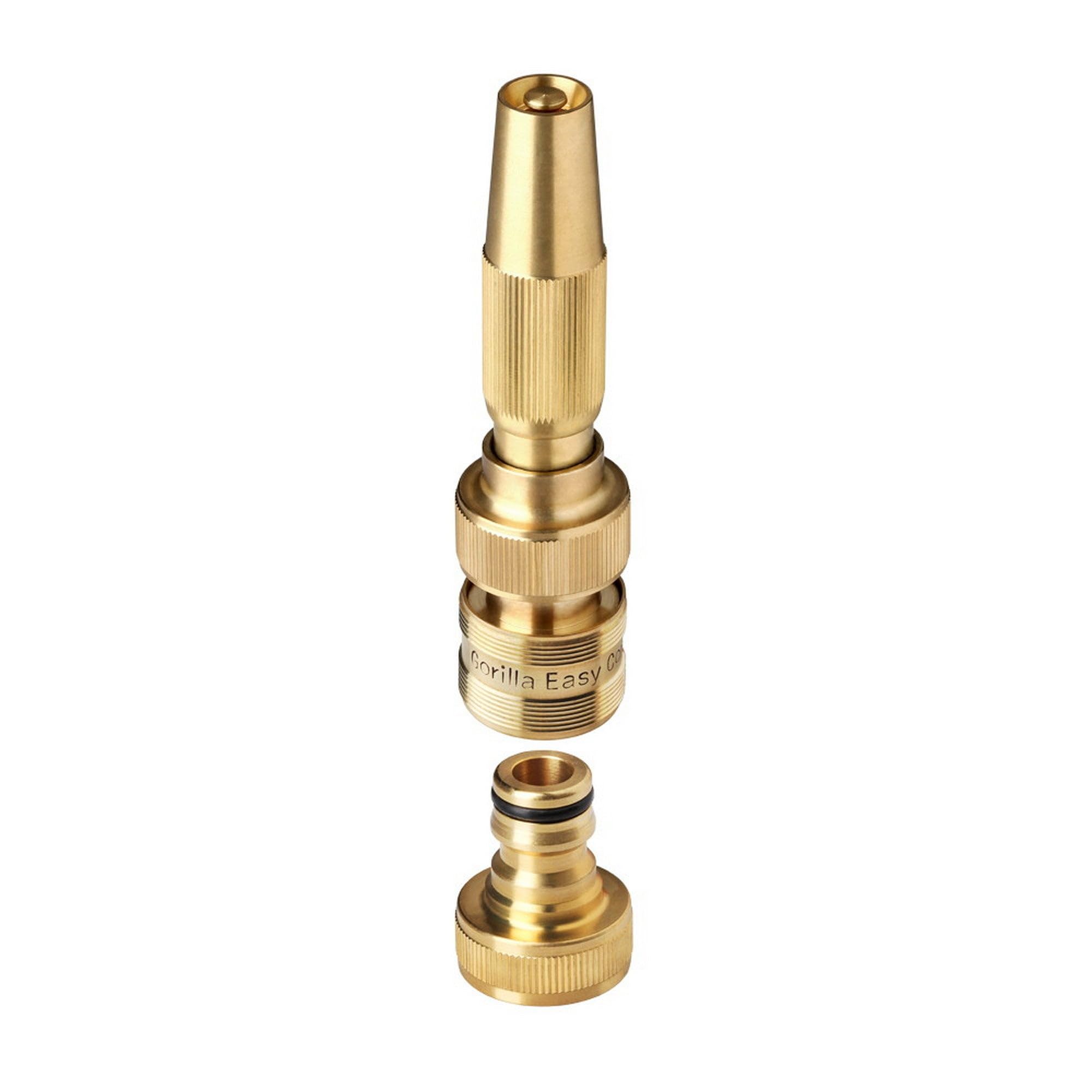 GORILLA EASY CONNECT brass nozzle with mist-to-stream adjustability for versatile watering.