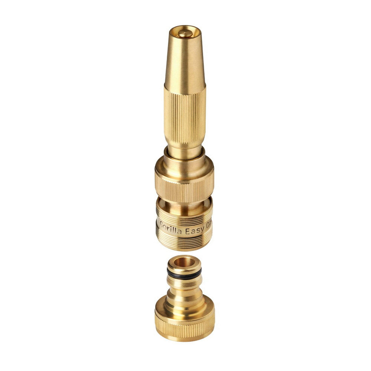 GORILLA EASY CONNECT brass nozzle with mist-to-stream adjustability for versatile watering.
