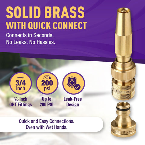 GORILLA EASY CONNECT solid brass construction with GHT fittings for durable, leak-free connections.