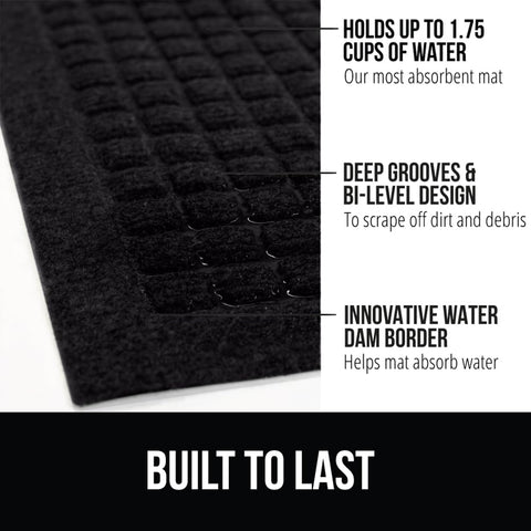 GORILLA GRIP mat features deep grooves to sweep dirt from shoes.