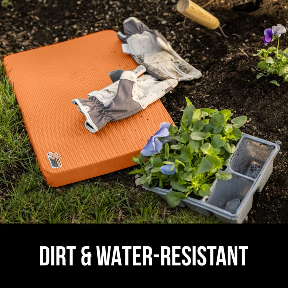 GORILLA GRIP kneeling pad in garden scene illustrates outdoor versatility.