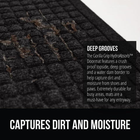 GORILLA GRIP textured rubber backing adds stability on entryways.