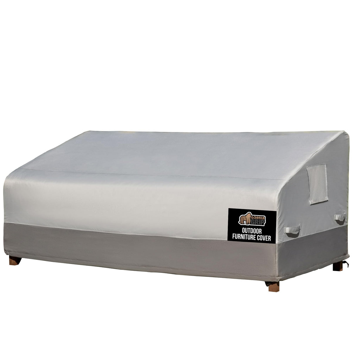 GORILLA GRIP waterproof sofa cover shielding a 90-inch outdoor sofa from rain.