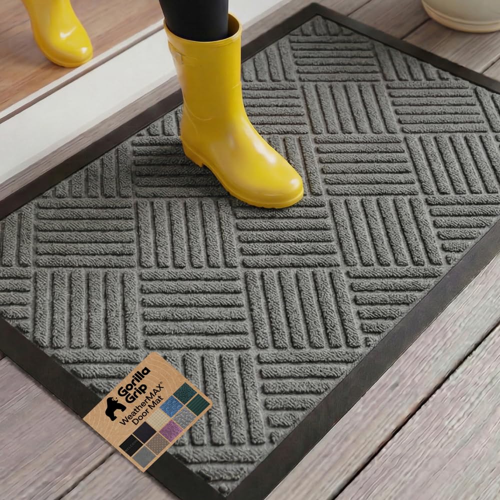 Gorilla Grip WeatherMax doormat front view in gray diamond pattern for durable entryway