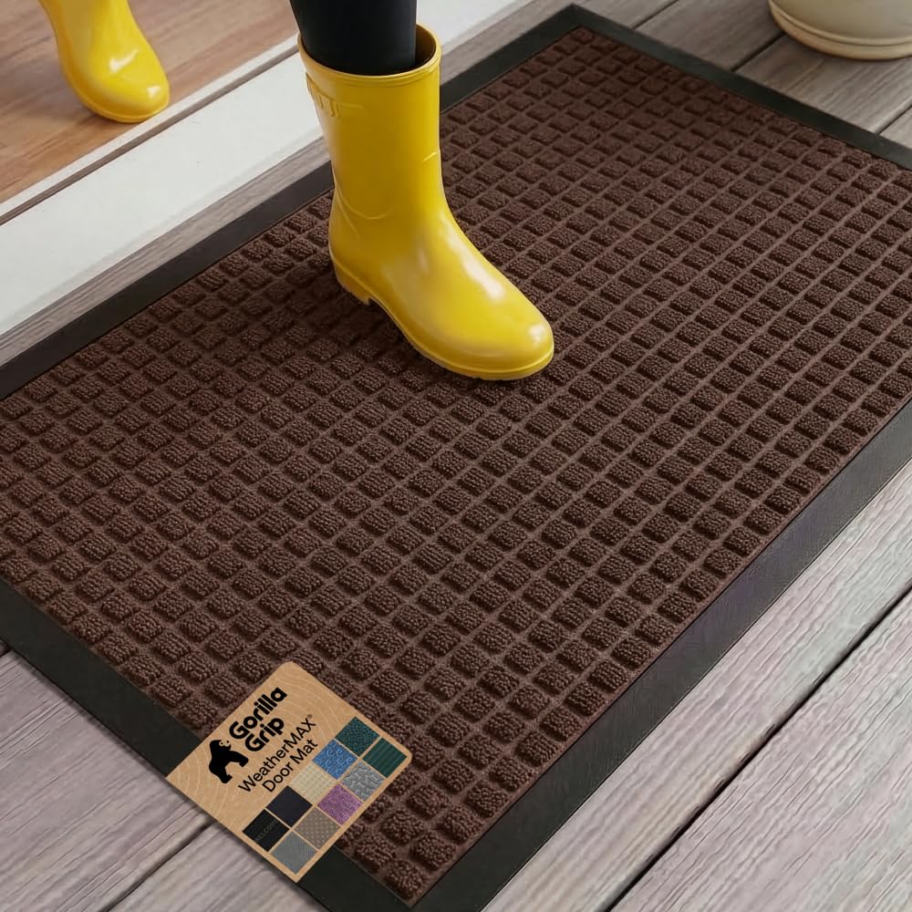 Gorilla Grip WeatherMax doormat coffee front view demonstrates durable entryway protection