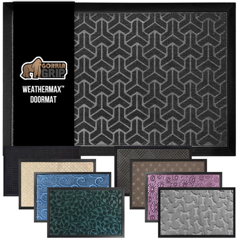 GORILLA GRIP WeatherMAX doormat at the entrance with slate geometric design, traps dirt and moisture.