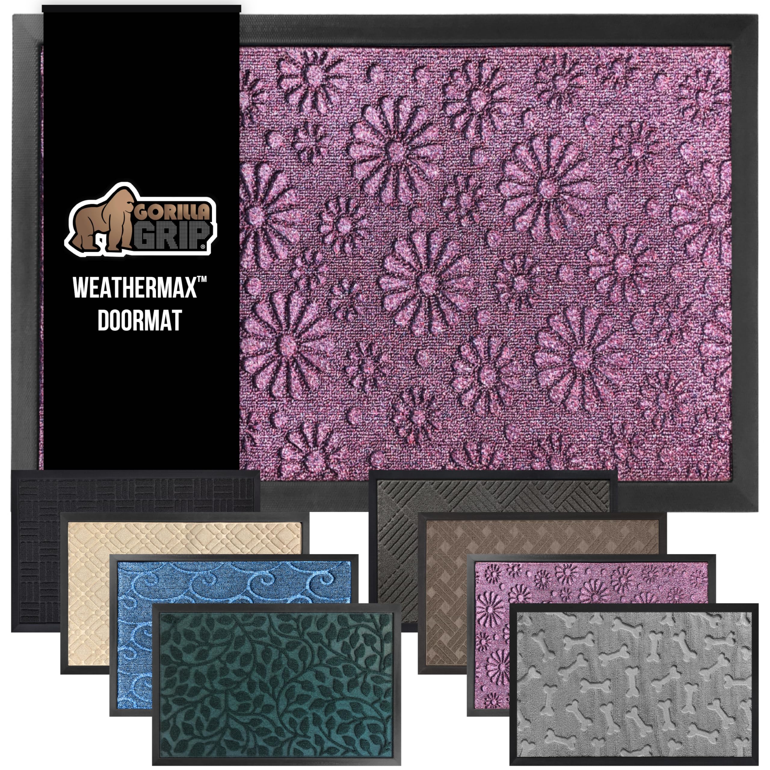 GORILLA GRIP WeatherMAX doormat front view with purple confetti daisy pattern, welcoming entry
