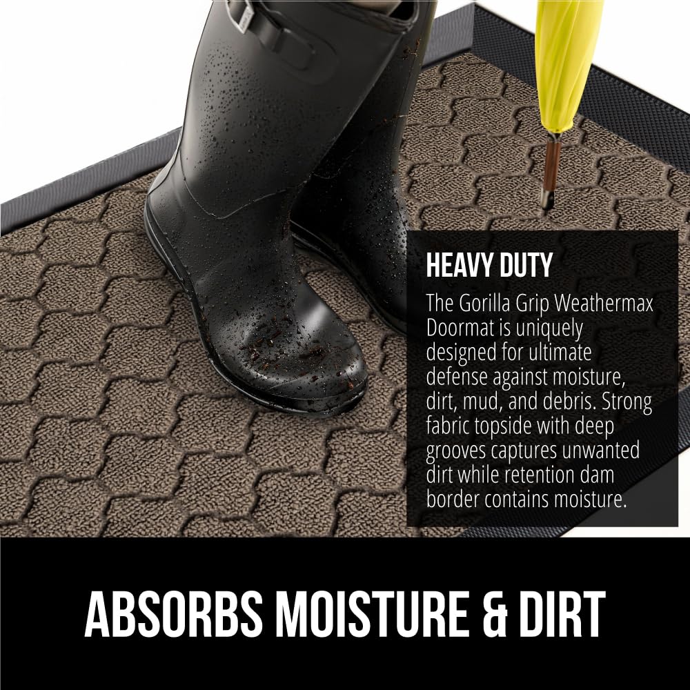 Gorilla Grip WeatherMAX doormat latte quatrefoil showing natural rubber backing for sturdy, tear-resistant support.
