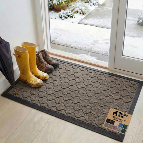 GORILLA GRIP WeatherMax doormat latte quatrefoil at entryway keeps dirt outside.