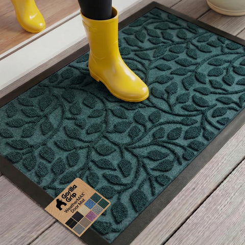 Gorilla Grip WeatherMAX doormat with moss vine leaves captures dirt and moisture.