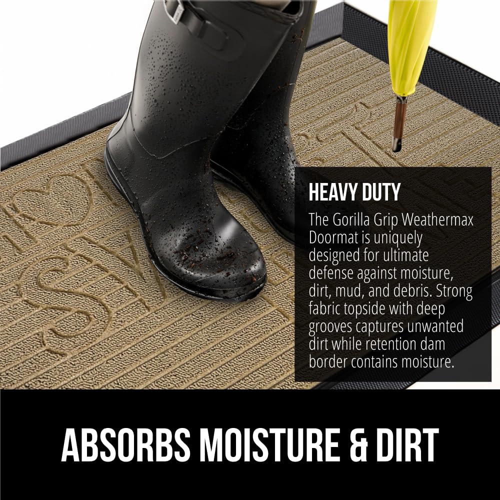 GORILLA GRIP WeatherMAX natural rubber backing, emphasizes durability and tear resistance.